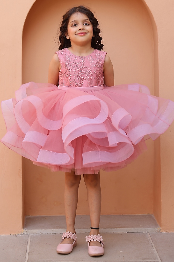 Mauve Net & Silk Embellished Dress For Girls by Janyas Closet at Pernia's Pop Up Shop