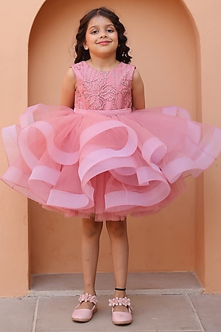 Mauve Net & Silk Embellished Dress For Girls by Janyas Closet