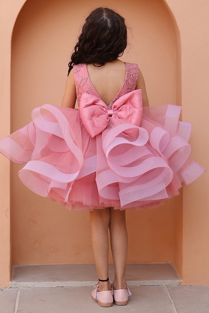 Mauve Net & Silk Embellished Dress For Girls by Janyas Closet at Pernia's Pop Up Shop