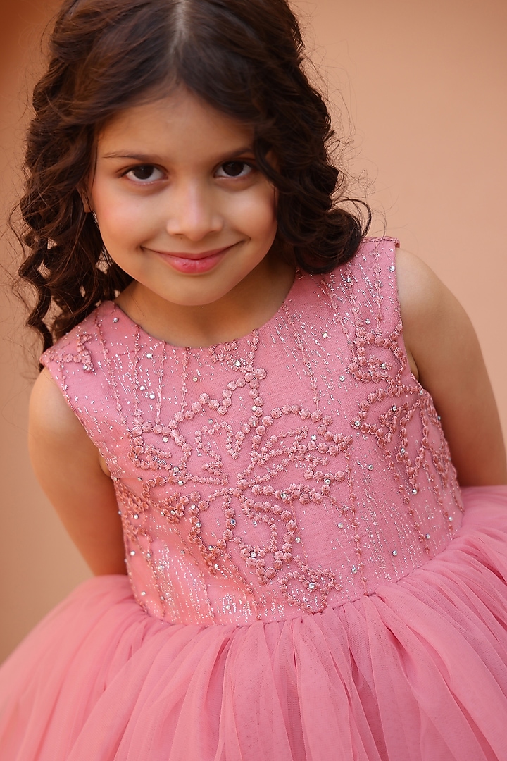 Mauve Net & Silk Embellished Dress For Girls by Janyas Closet at Pernia's Pop Up Shop
