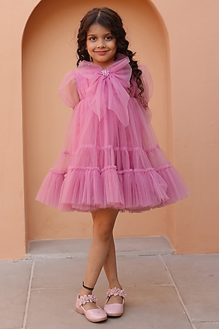 Mauve Silk & Net Dress For Girls by Janyas Closet
