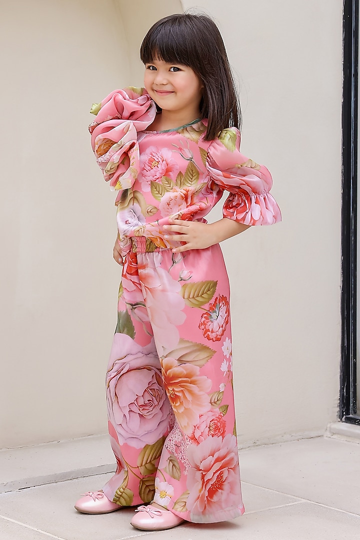 Pink & Peach Organza Floral Printed Co-Ord Set For Girls by Janyas Closet at Pernia's Pop Up Shop