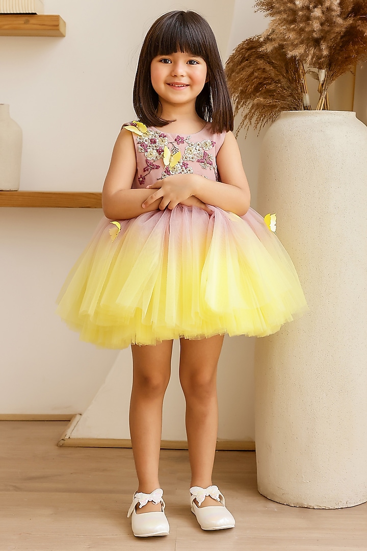 Sand Brown & Yellow Ombre Net Butterfly Embroidered Dress For Girls by Janyas Closet at Pernia's Pop Up Shop