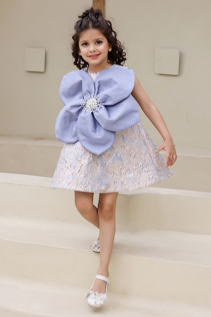 Greyish Blue Jacquard Pearl Work A-Line Dress For Girls by Janyas Closet at Pernia's Pop Up Shop