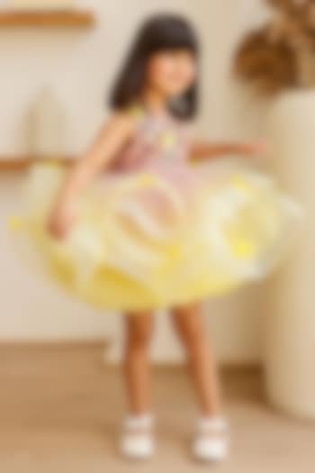 Brown & Yellow Net Butterfly Handwork Shaded Dress For Girls by Janyas Closet at Pernia's Pop Up Shop