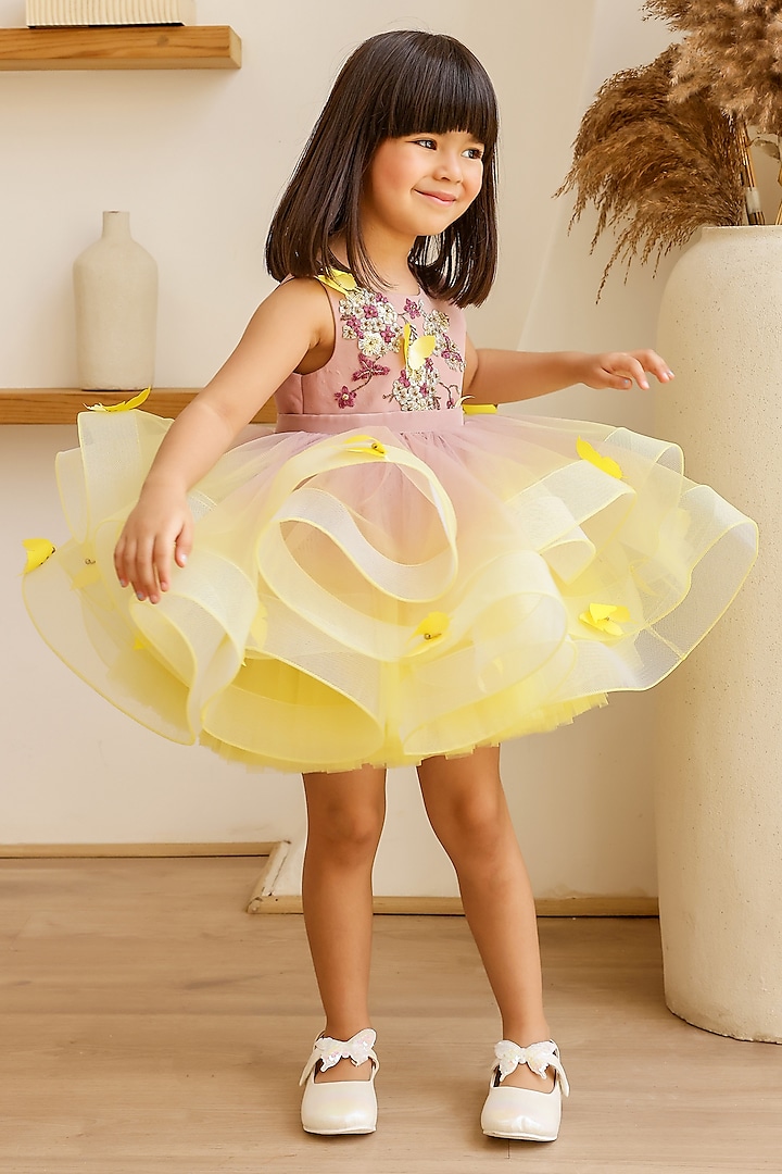 Brown & Yellow Net Butterfly Handwork Shaded Dress For Girls by Janyas Closet at Pernia's Pop Up Shop