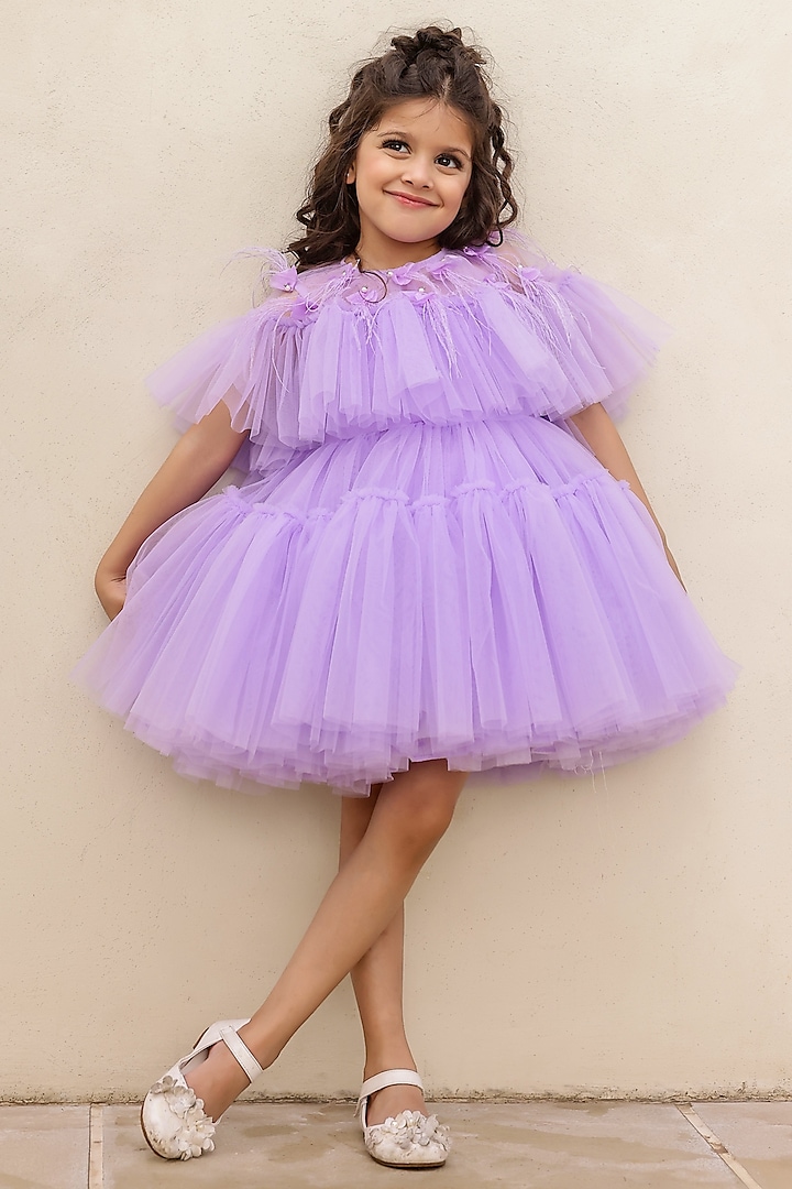 Lilac Net Floral Work Layered Cape Dress For Girls by Janyas Closet at Pernia's Pop Up Shop