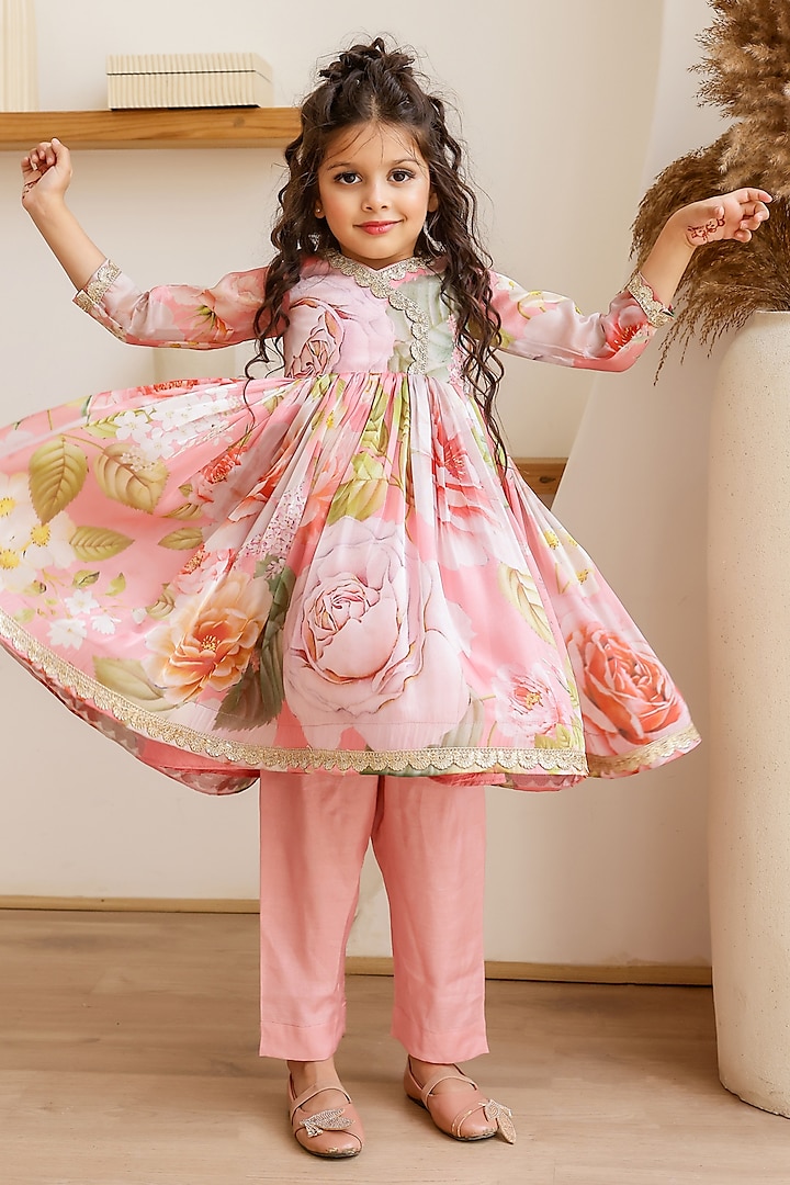 Pink Satin Organza Printed Anarkali Set For Girls by Janyas Closet at Pernia's Pop Up Shop