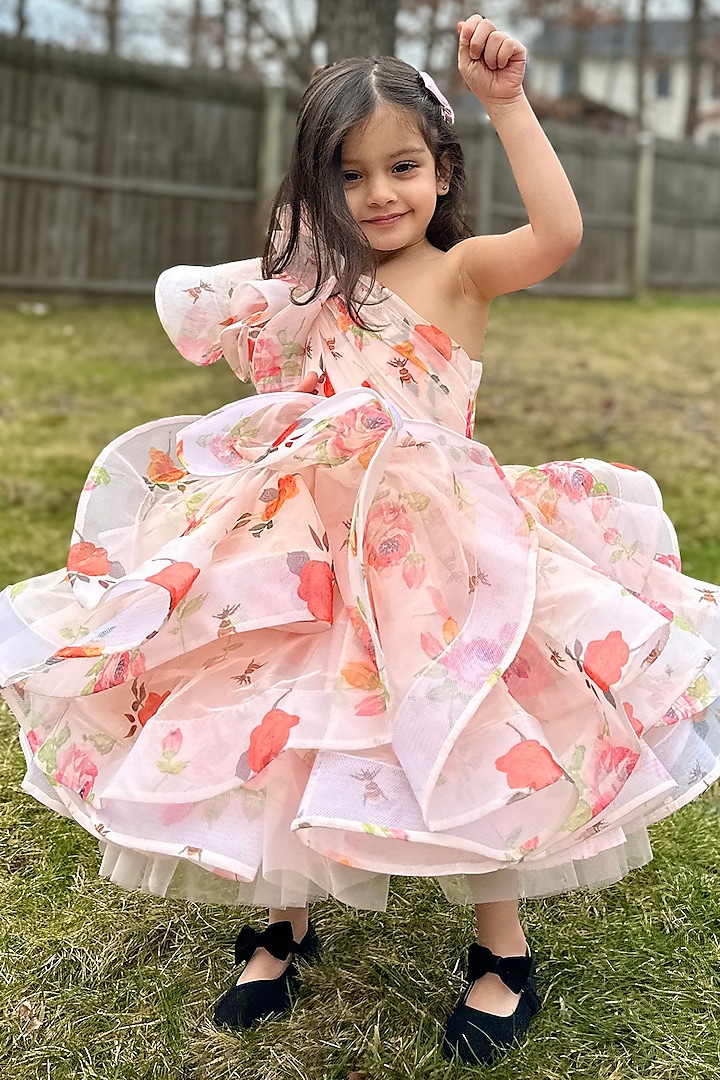 Peach Organza & Silk Printed One-Shoulder Draped Dress For Girls by Janyas Closet at Pernia's Pop Up Shop