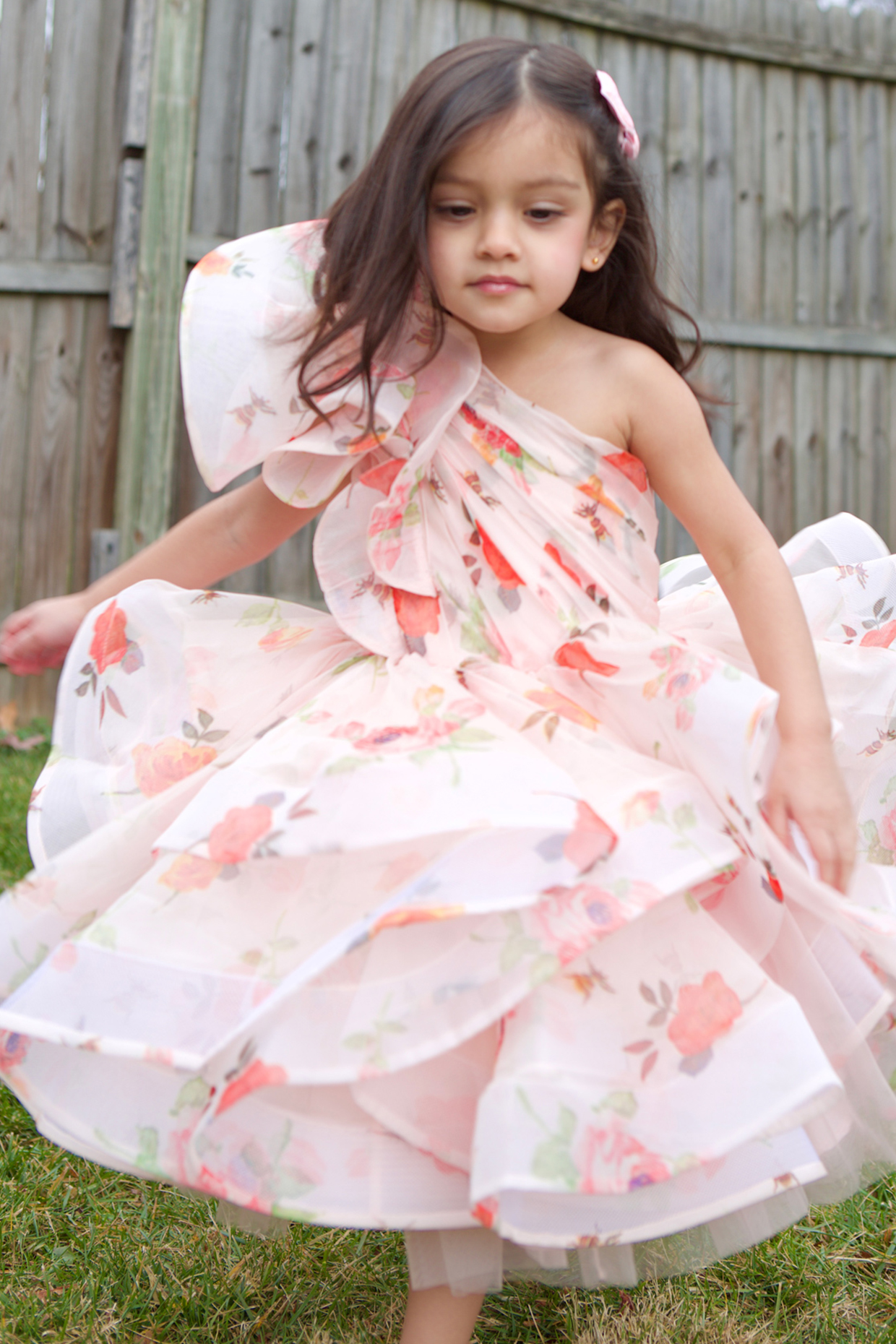 Peach Organza & Silk Printed One-Shoulder Draped Dress For