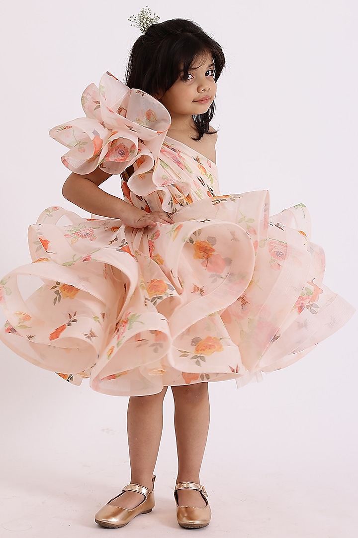 Peach Organza & Silk Printed One-Shoulder Draped Dress For