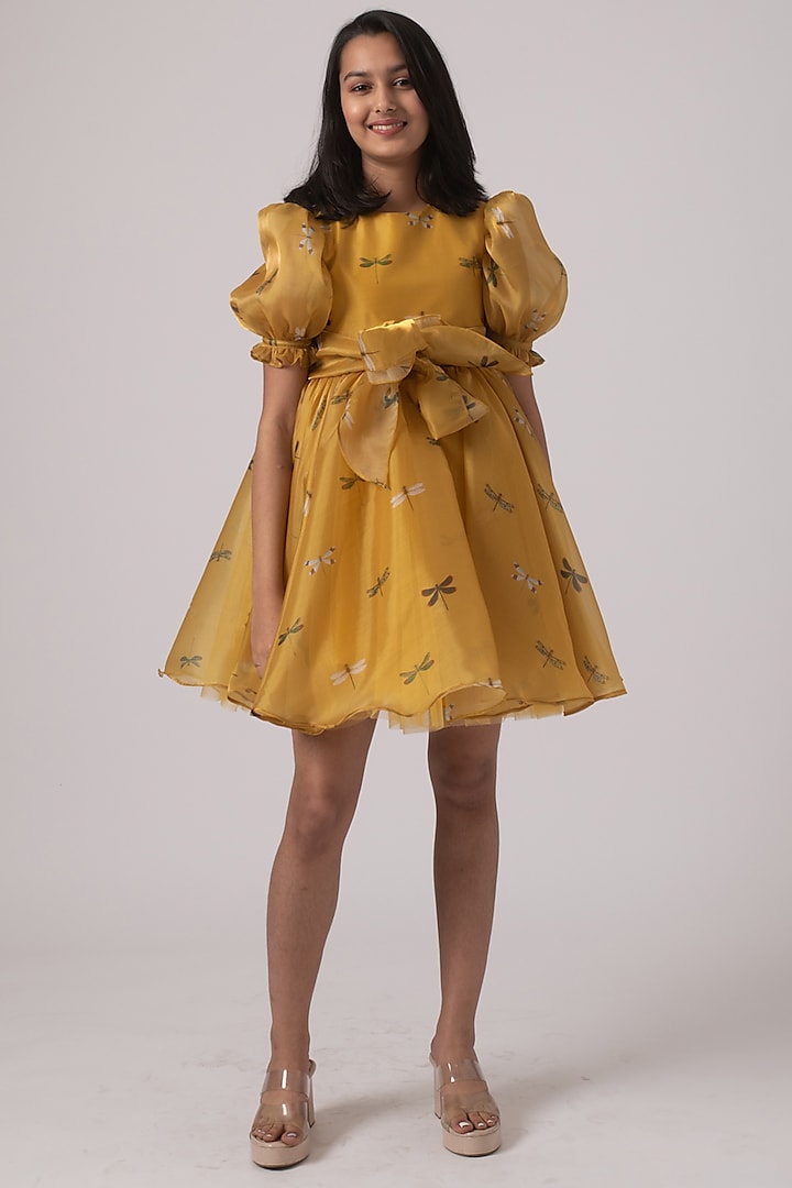 Yellow Organza Satin & Net Printed Dress For Girls by Janyas Closet