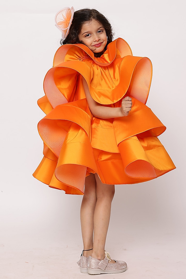 Orange Taffeta Silk Ruffled Dress For Girls by Janyas Closet at Pernia's Pop Up Shop