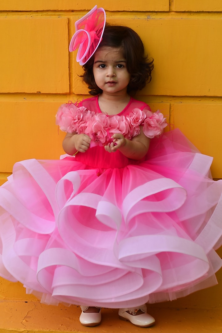 Pink Net & Organza Tissue Floral Hand Embroidered Gown Set For Girls by Janyas Closet at Pernia's Pop Up Shop