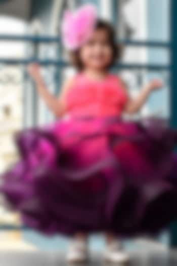 Neon Pink & Deep Purple Net & Organza Tissue Floral Hand Embroidered Gown For Girls by Janyas Closet