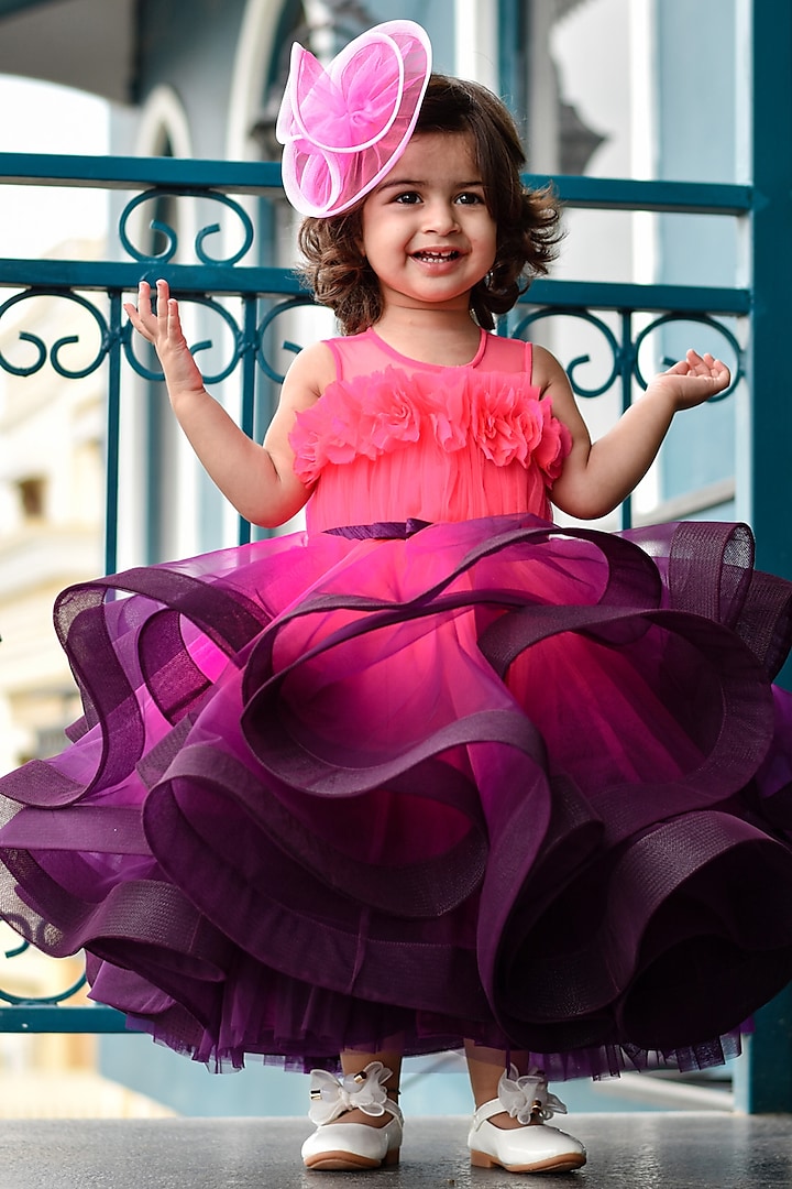 Neon Pink & Deep Purple Net & Organza Tissue Floral Hand Embroidered Gown For Girls by Janyas Closet