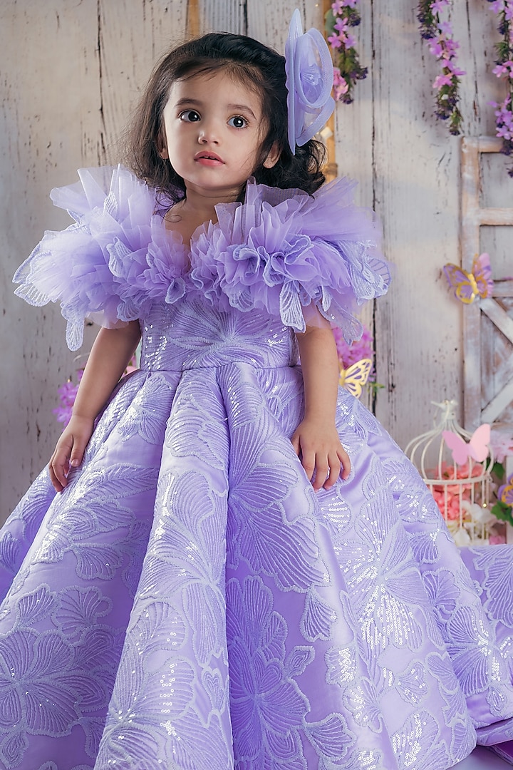 Lilac Net & Silk Embroidered Gown For Girls by Janyas Closet