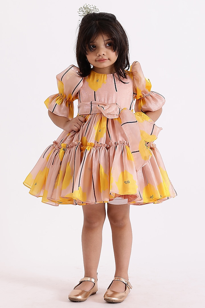 Peach & Yellow Organza & Silk Printed Dress For Girls by Janyas Closet