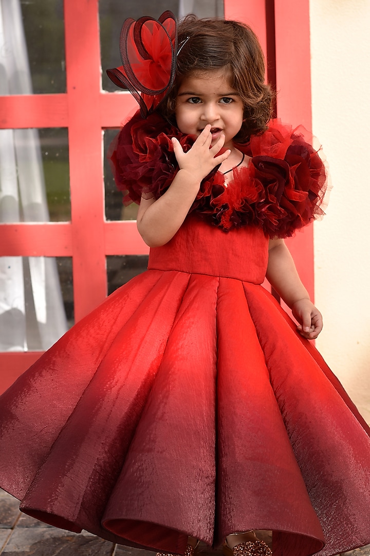 Red & Maroon Silk Floral Hand Embroidered Dress For Girls by Janyas Closet at Pernia's Pop Up Shop