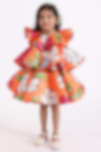 Orange Semi Satin Floral Printed Layered Dress For Girls by Janyas Closet at Pernia's Pop Up Shop