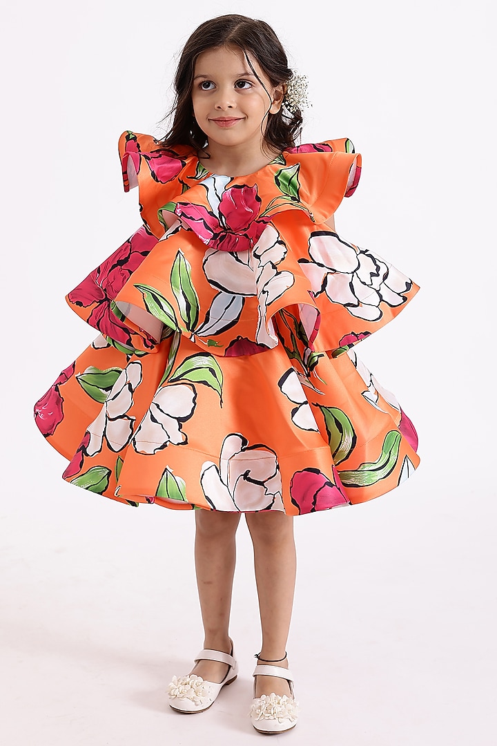 Orange Semi Satin Floral Printed Layered Dress For Girls by Janyas Closet at Pernia's Pop Up Shop