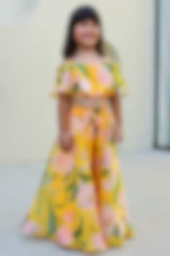 Yellow Satin & Organza Printed Flowy Sharara Set For Girls by Janyas Closet