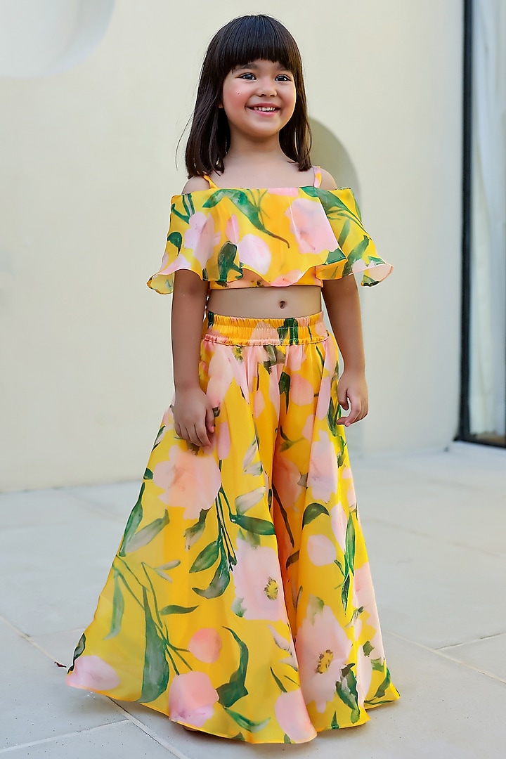 Yellow Satin & Organza Printed Flowy Sharara Set For Girls by Janyas Closet at Pernia's Pop Up Shop