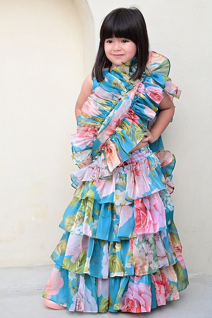 Turquoise Blue Satin & Organza Floral Printed Ready To Wear Saree Set For Girls by Janyas Closet at Pernia's Pop Up Shop