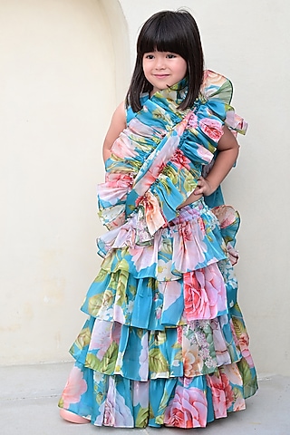 Turquoise Blue Satin & Organza Floral Printed Ready To Wear Saree Set For Girls by Janyas Closet