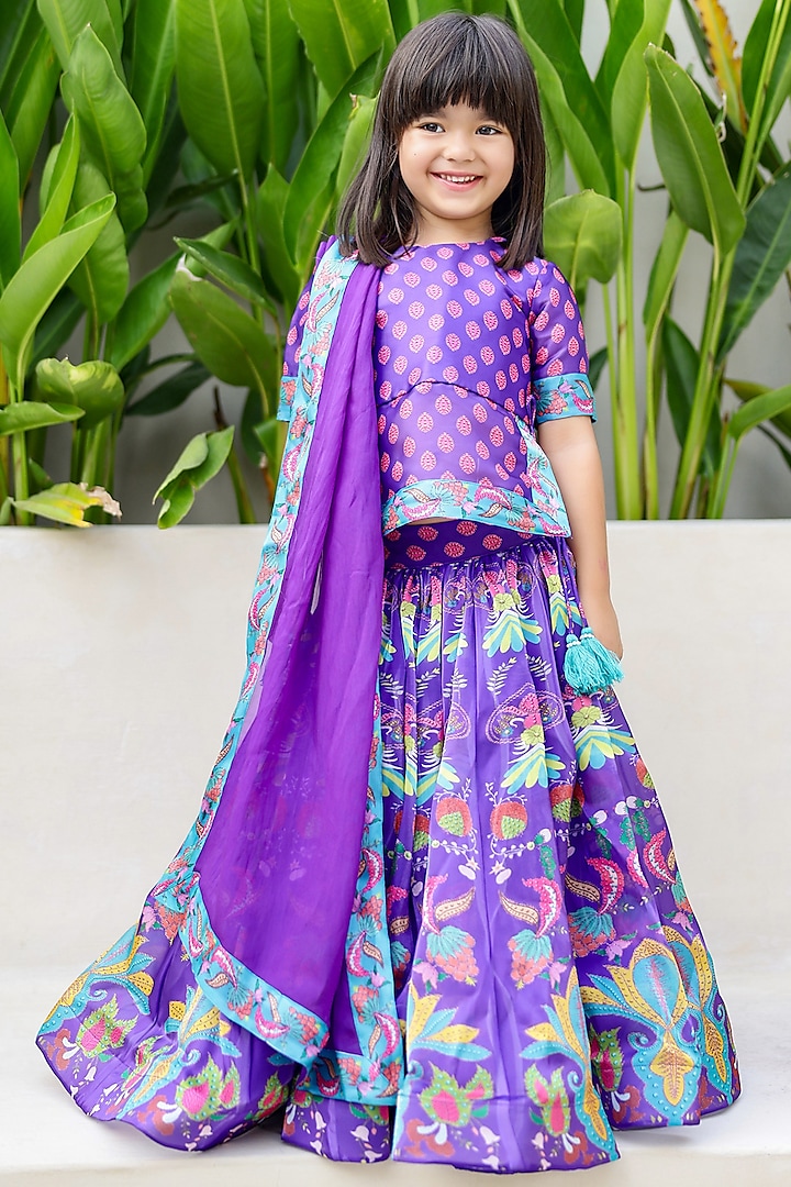 Purple Satin & Organza Printed Kali Lehenga Set For Girls by Janyas Closet at Pernia's Pop Up Shop