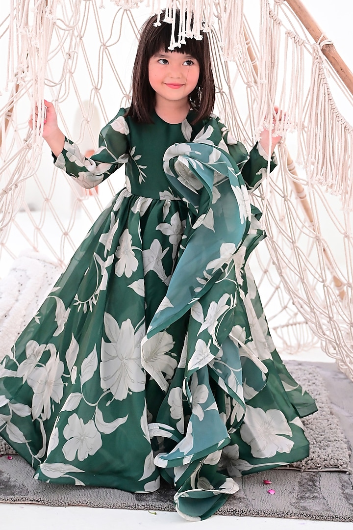 Bottle Green Satin Silk Organza Floral Printed Anarkali Gown Set For Girls by Janyas Closet at Pernia's Pop Up Shop