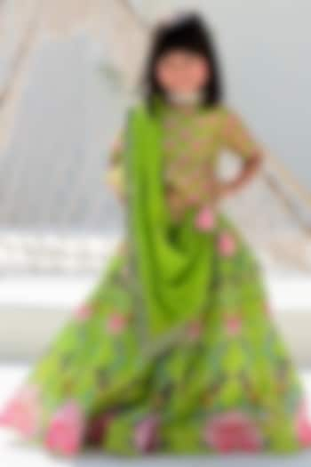 Green Organza Satin Silk & Taffeta Printed Kali Lehenga Set For Girls by Janyas Closet at Pernia's Pop Up Shop