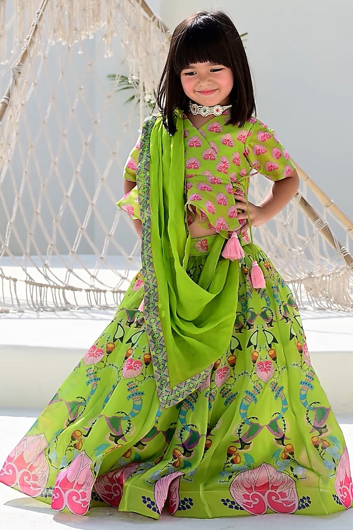 Green Organza Satin Silk & Taffeta Printed Kali Lehenga Set For Girls by Janyas Closet at Pernia's Pop Up Shop