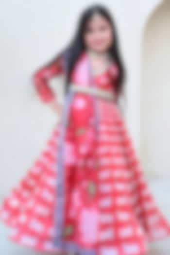 Red Organza Satin Silk & Taffeta Printed Anarkali Gown Set For Girls by Janyas Closet at Pernia's Pop Up Shop