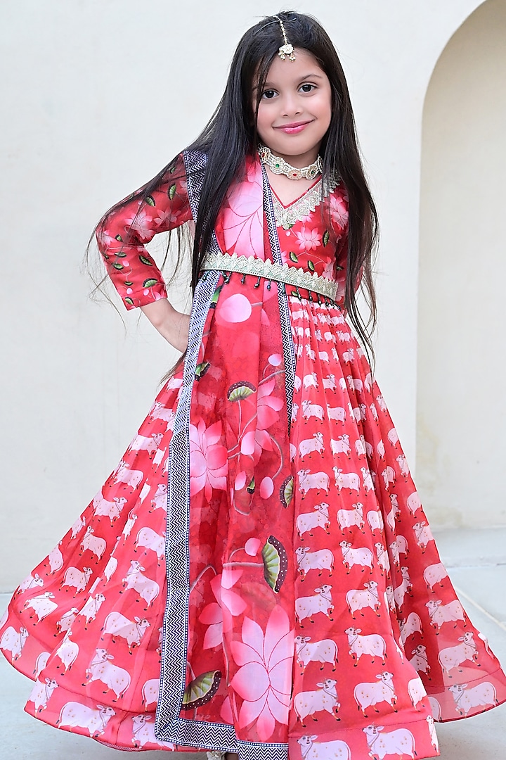 Red Organza Satin Silk & Taffeta Printed Anarkali Gown Set For Girls by Janyas Closet at Pernia's Pop Up Shop