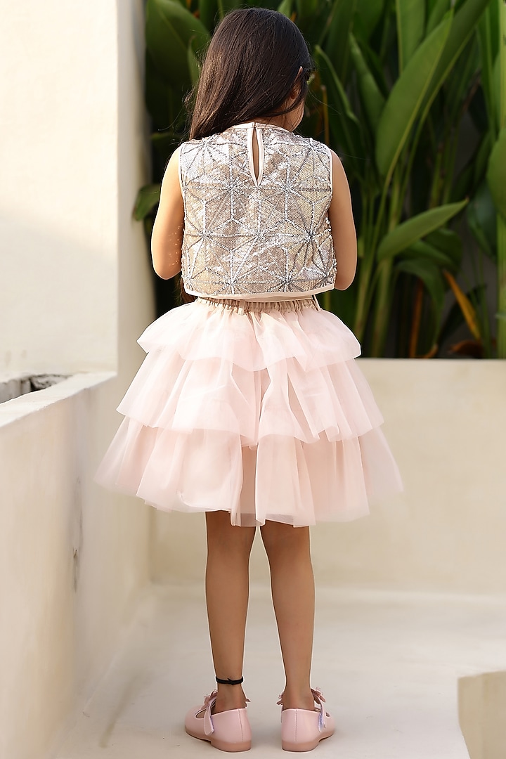 Blush Ivory Sequins & Satin Silk Tiered Skirt Set For Girls by Janyas Closet at Pernia's Pop Up Shop