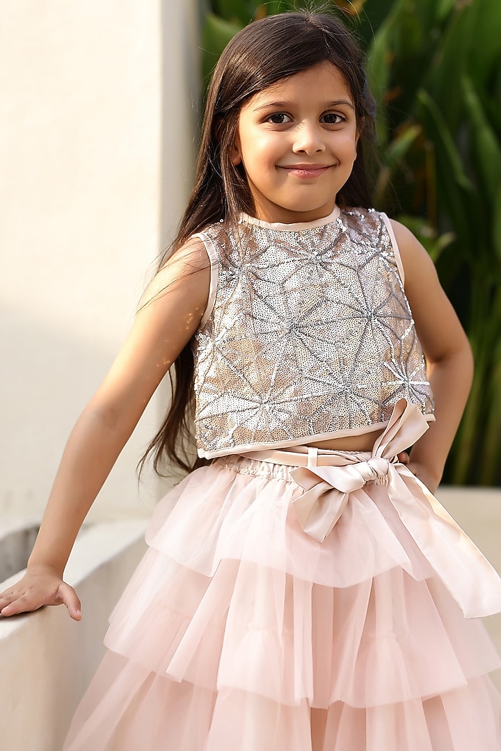 Blush Ivory Sequins & Satin Silk Tiered Skirt Set For Girls by Janyas Closet at Pernia's Pop Up Shop