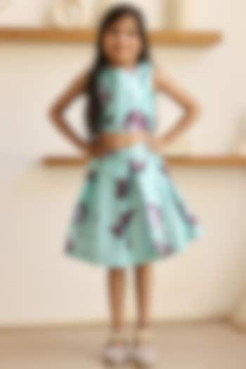 Green Satin Floral Printed Skirt Set For Girls by Janyas Closet at Pernia's Pop Up Shop