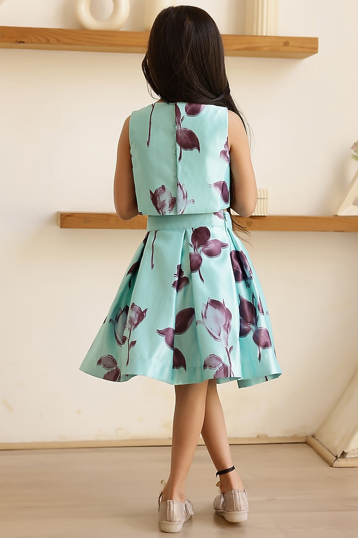 Green Satin Floral Printed Skirt Set For Girls by Janyas Closet at Pernia's Pop Up Shop
