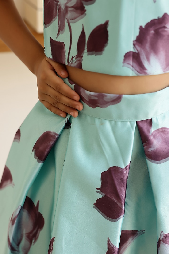Green Satin Floral Printed Skirt Set For Girls by Janyas Closet at Pernia's Pop Up Shop