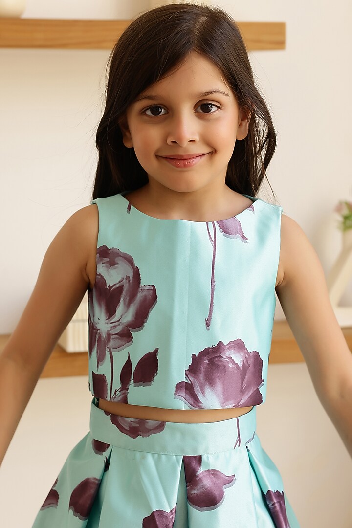 Green Satin Floral Printed Skirt Set For Girls by Janyas Closet at Pernia's Pop Up Shop