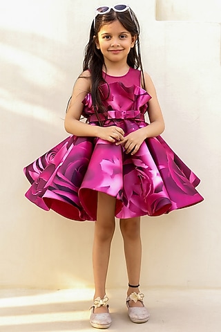Burgundy Wine Satin Organza Floral Printed Dress For Girls by Janyas Closet