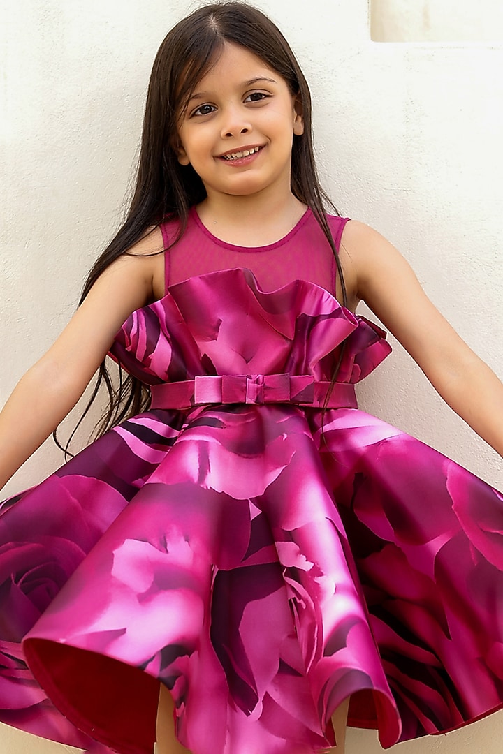 Burgundy Wine Satin Organza Floral Printed Dress For Girls by Janyas Closet at Pernia's Pop Up Shop