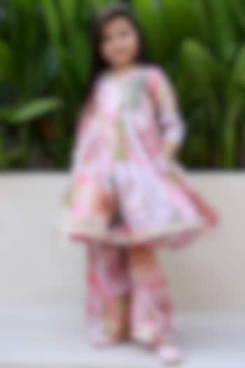 Peach Pink Satin Organza Floral Printed Anarkali Set For Girls by Janyas Closet at Pernia's Pop Up Shop