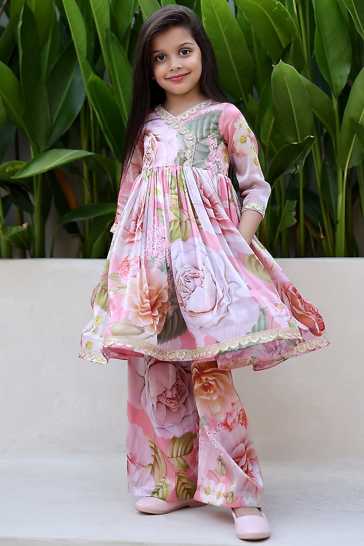 Peach Pink Satin Organza Floral Printed Anarkali Set For Girls by Janyas Closet at Pernia's Pop Up Shop