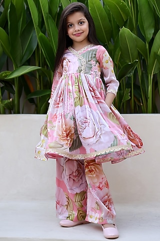 Peach Pink Satin Organza Floral Printed Anarkali Set For Girls by Janyas Closet