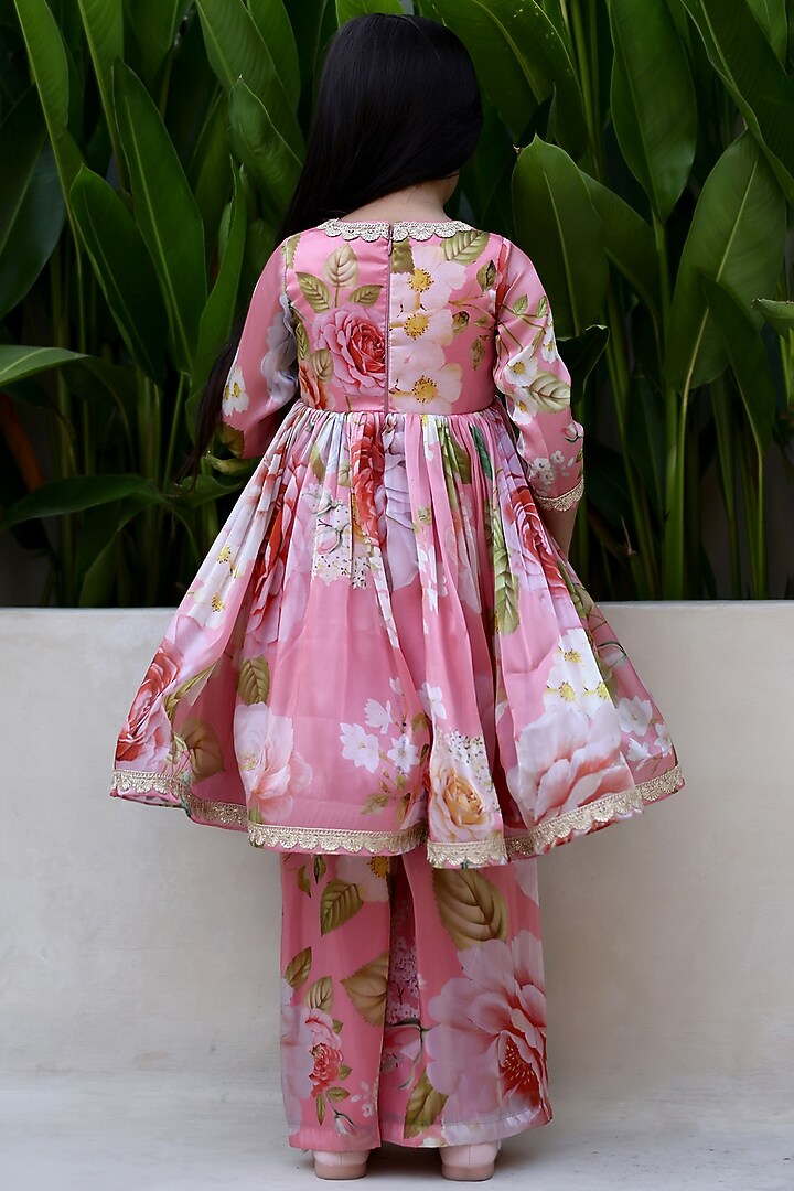 Peach Pink Satin Organza Floral Printed Anarkali Set For Girls by Janyas Closet at Pernia's Pop Up Shop