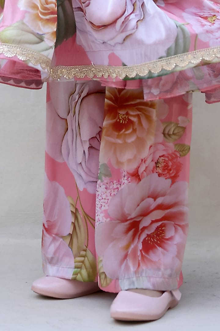 Peach Pink Satin Organza Floral Printed Anarkali Set For Girls by Janyas Closet at Pernia's Pop Up Shop
