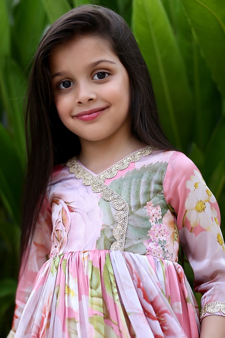 Peach Pink Satin Organza Floral Printed Anarkali Set For Girls by Janyas Closet at Pernia's Pop Up Shop