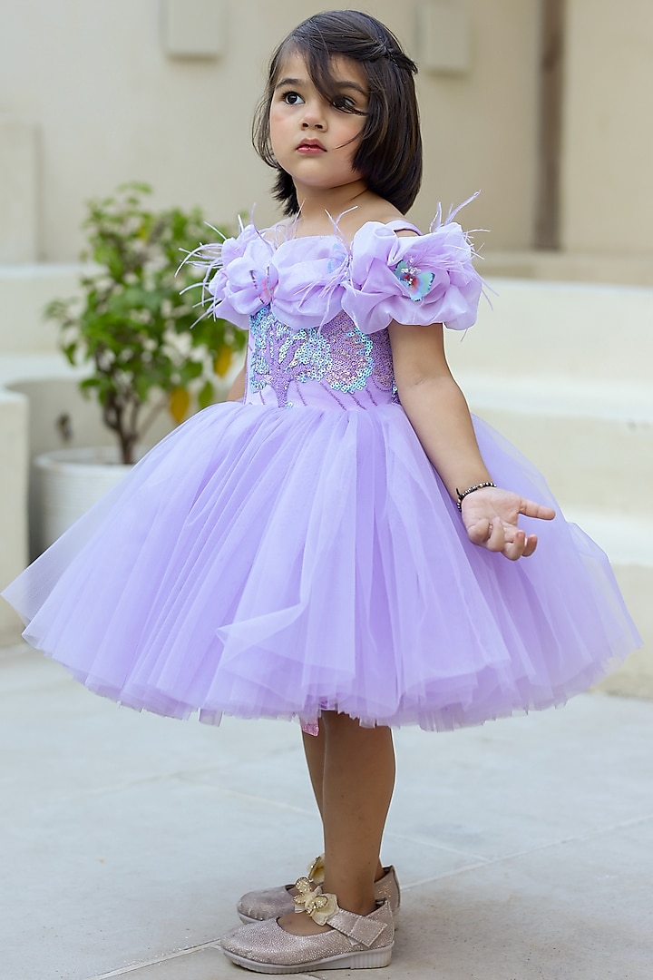 Lavender Net & Sequins Off-Shoulder Dress For Girls by Janyas Closet at Pernia's Pop Up Shop